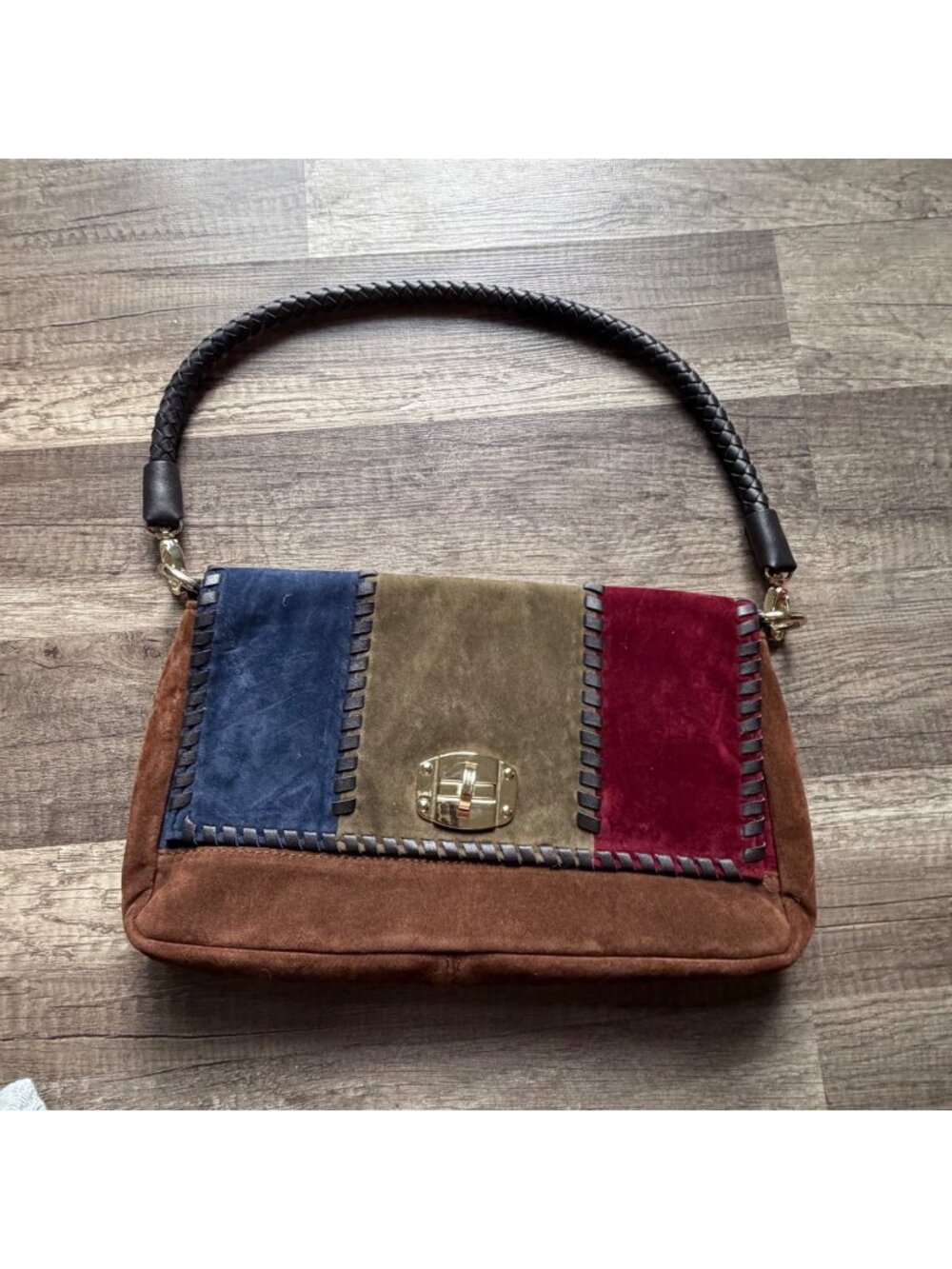 IMO Vintage Patchwork Suede Shoulder Bag With Gold-Tone Turn Lock Closure